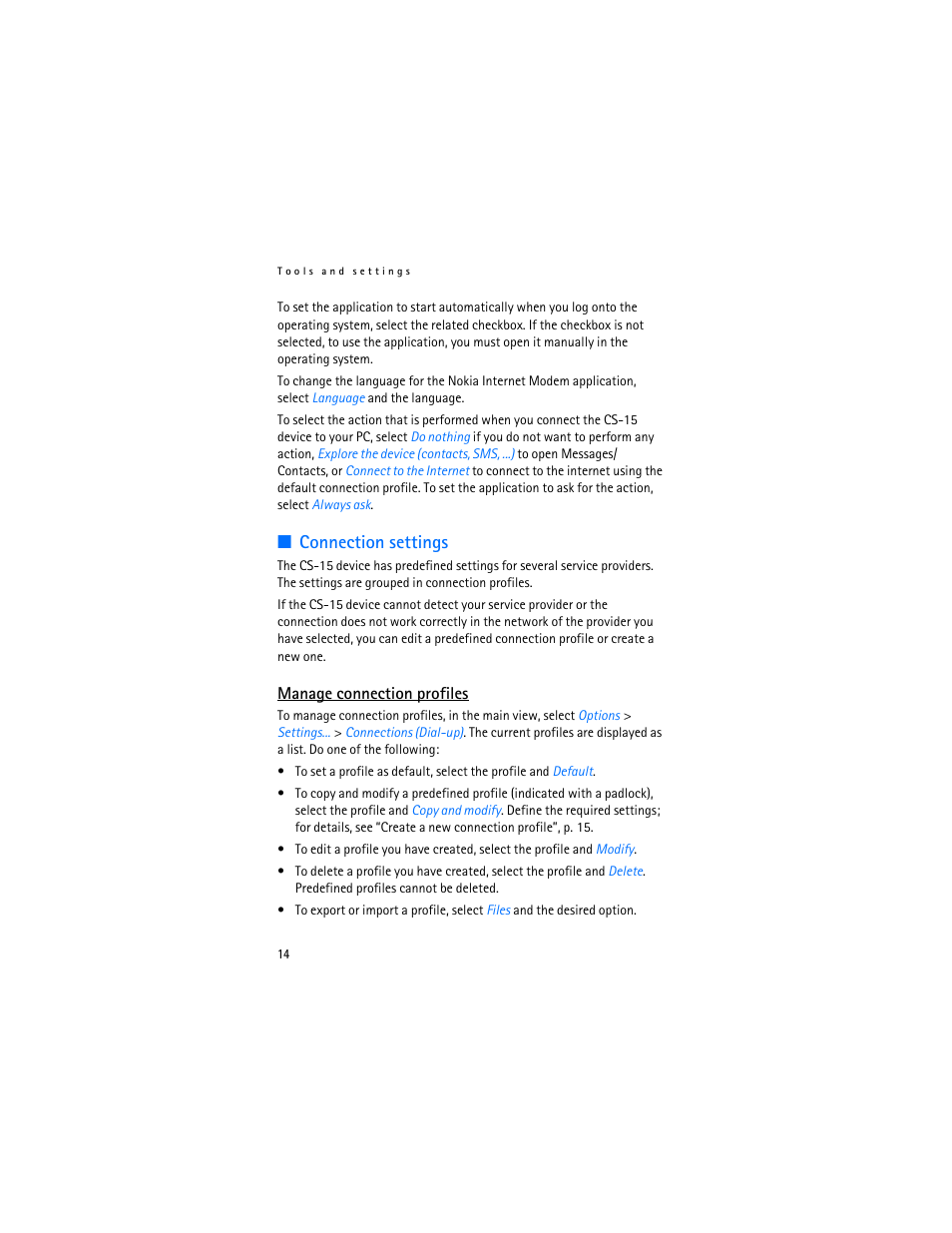 Connection settings, Manage connection profiles | Nokia 9216562 User Manual | Page 14 / 16