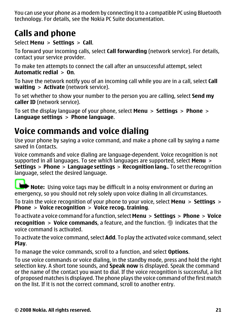 Calls and phone, Voice commands and voice dialing | Nokia XpressMusic 5130 User Manual | Page 21 / 74