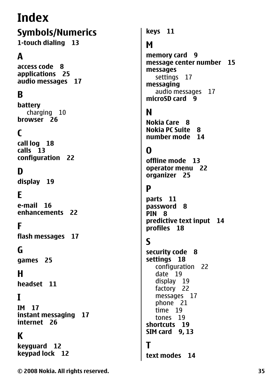 Index, Symbols/numerics | Nokia XpressMusic 5130 User Manual | Page 35 / 74