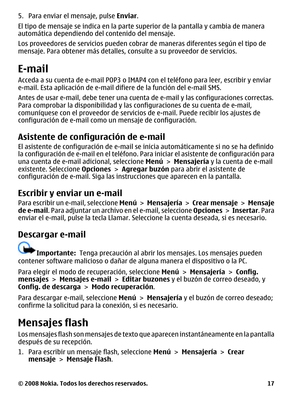 E-mail, Asistente de configuración de e-mail, Escribir y enviar un e-mail | Descargar e-mail, Mensajes flash | Nokia XpressMusic 5130 User Manual | Page 53 / 74