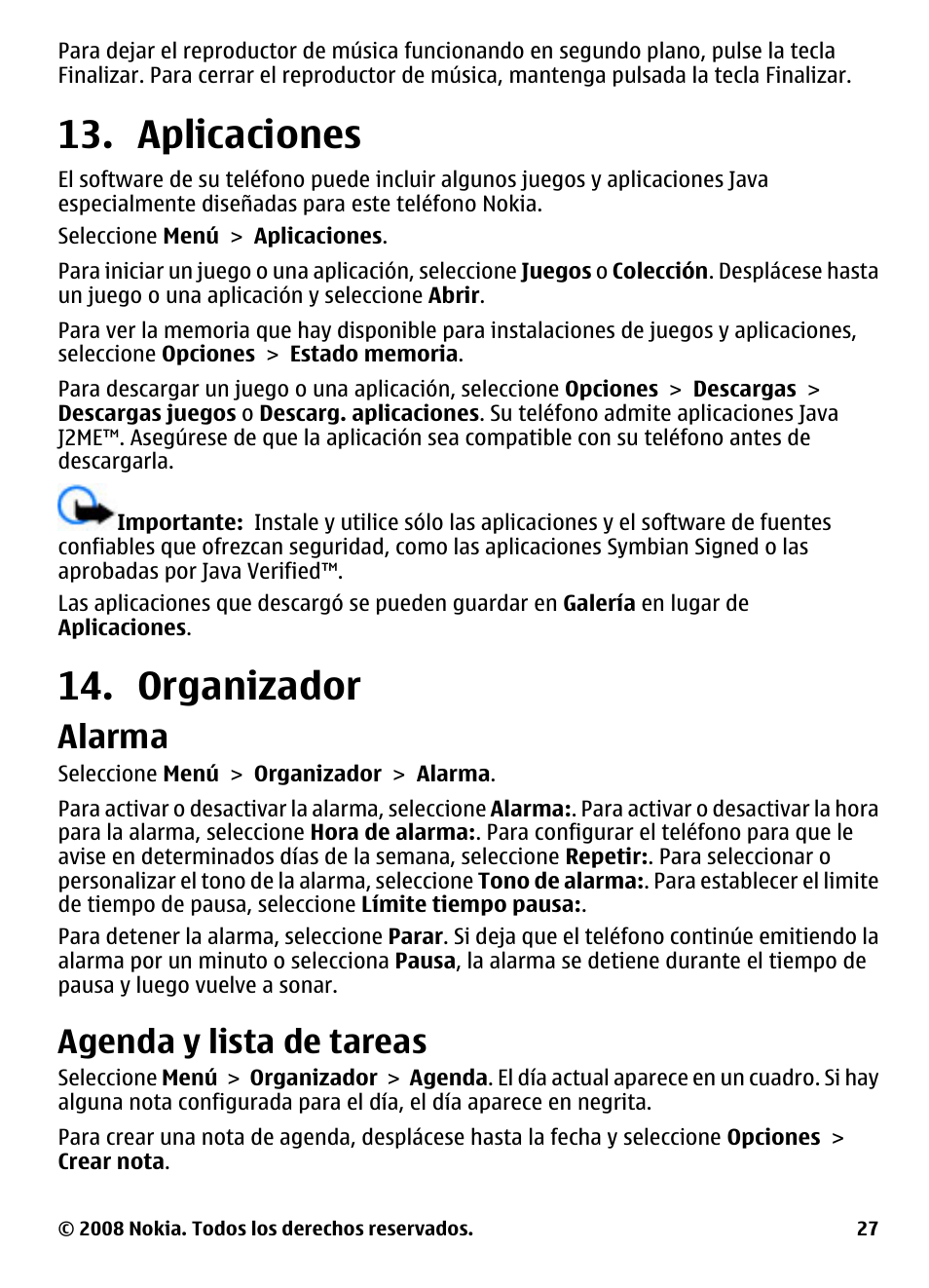 Aplicaciones, Organizador, Alarma | Agenda y lista de tareas, Aplicaciones 14. organizador | Nokia XpressMusic 5130 User Manual | Page 63 / 74