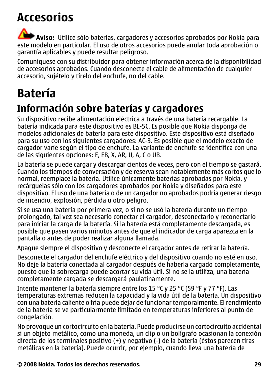 Accesorios, Batería, Información sobre baterías y cargadores | Accesorios batería, Información sobre baterías y, Cargadores | Nokia XpressMusic 5130 User Manual | Page 65 / 74