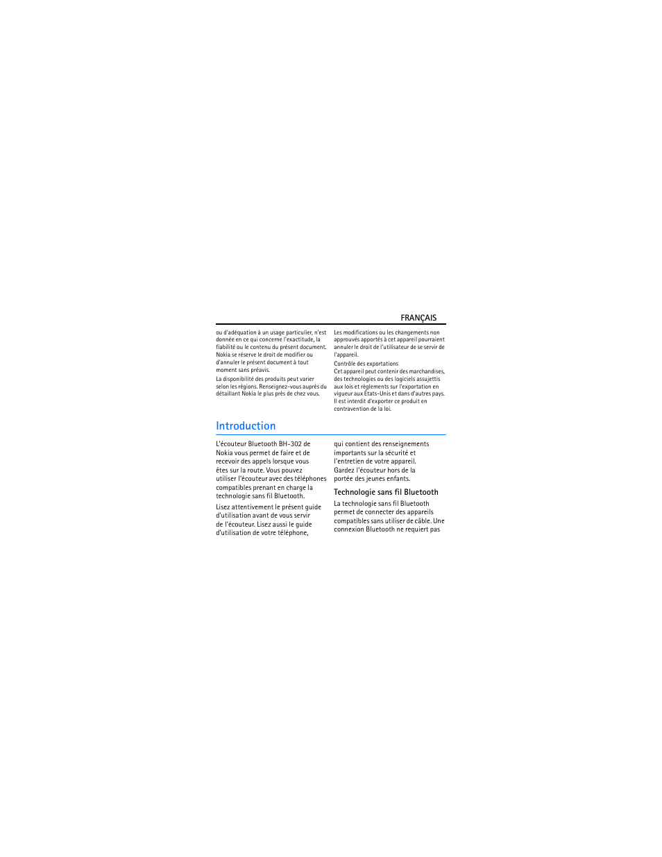 Introduction, Technologie sans fil bluetooth | Nokia BH-302 User Manual | Page 35 / 42