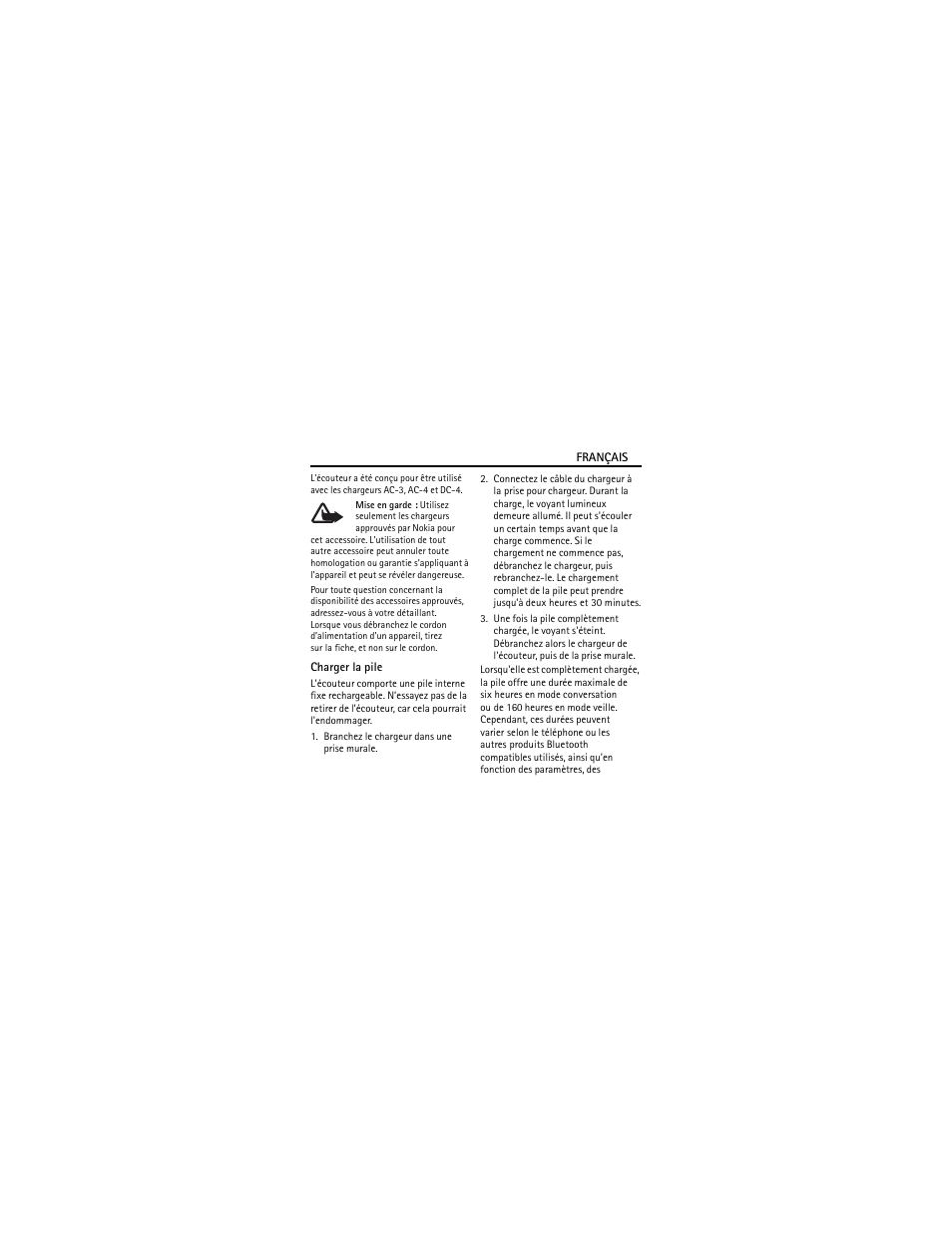 Charger la pile | Nokia BH-302 User Manual | Page 37 / 42