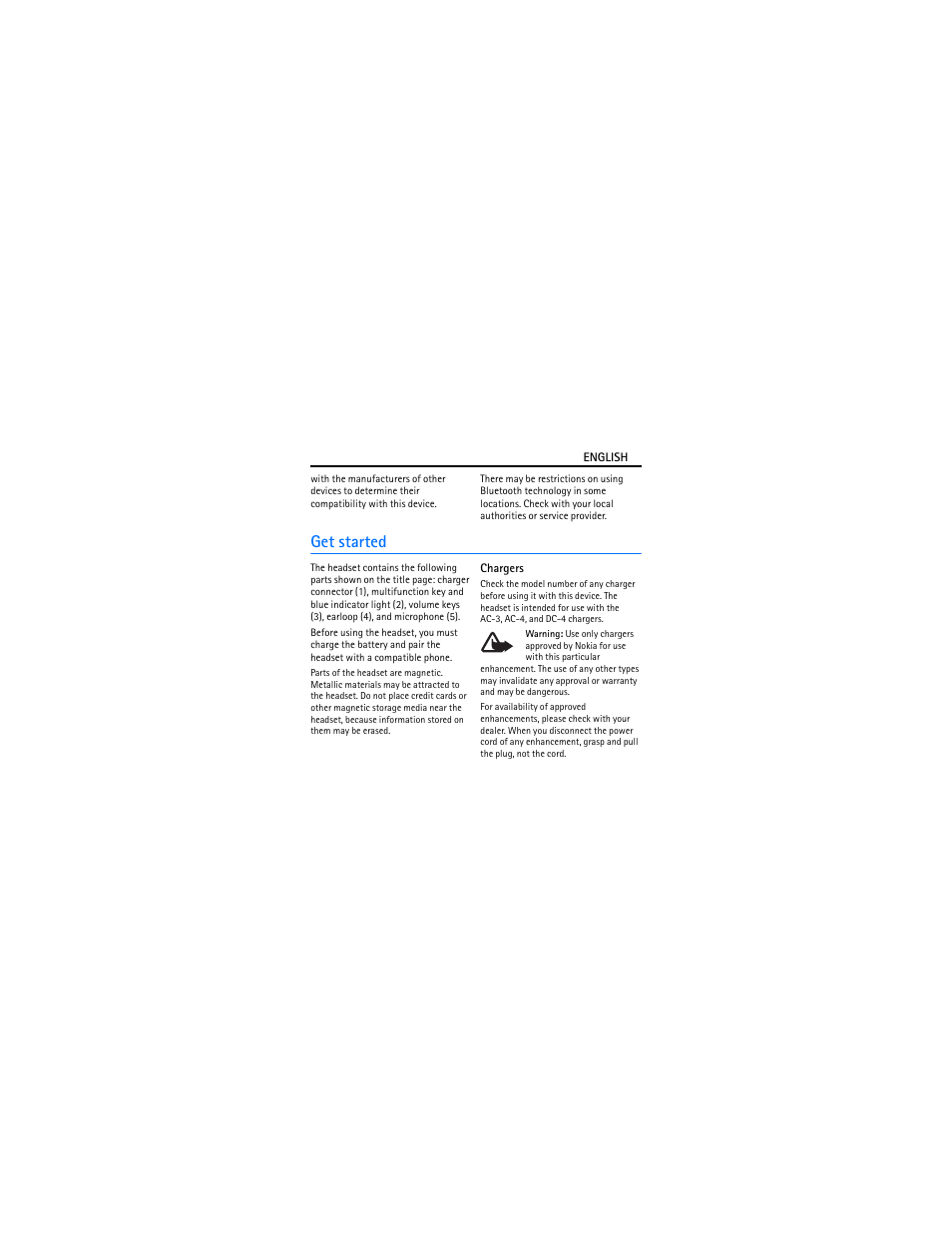 Get started, Chargers | Nokia BH-302 User Manual | Page 4 / 42