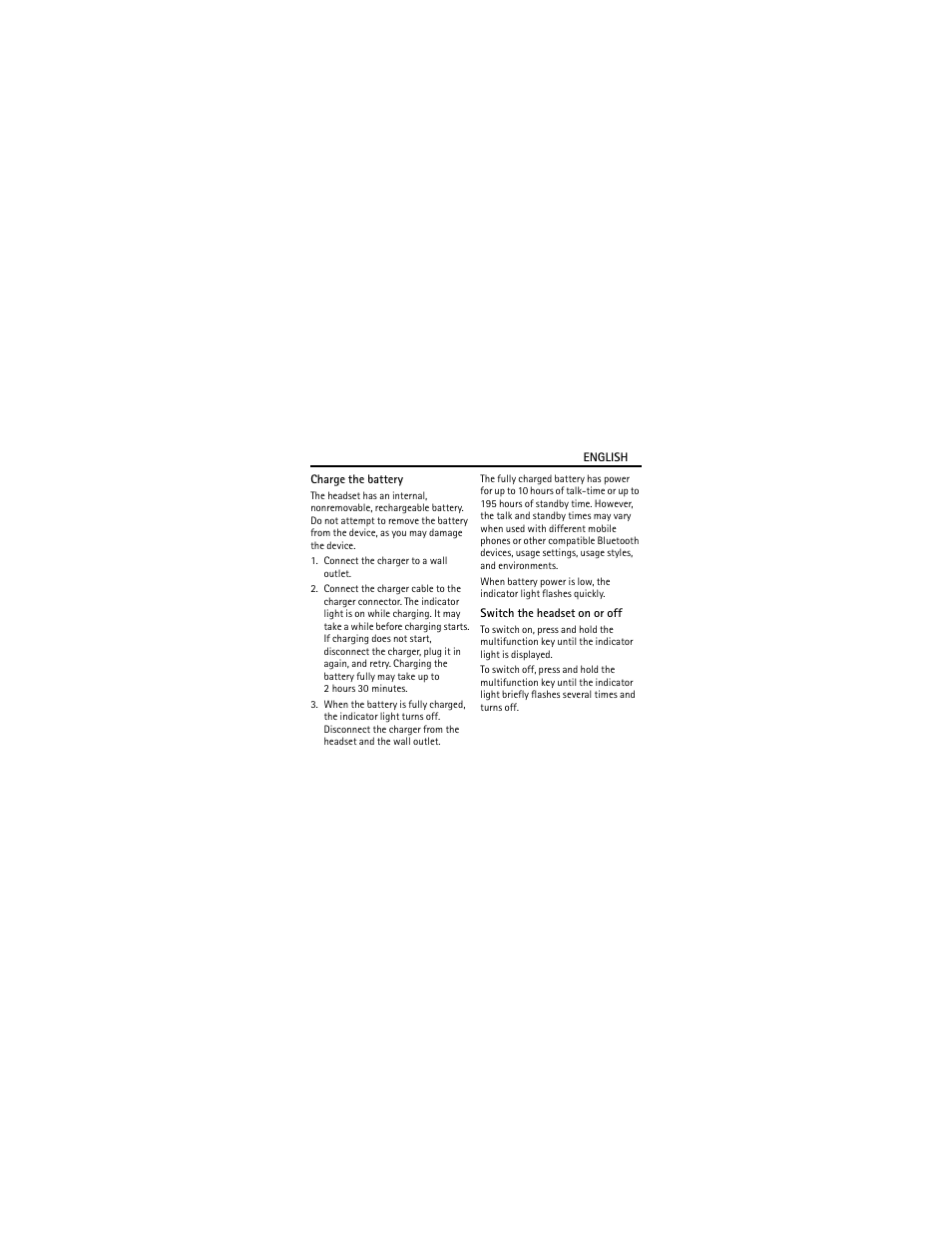 Charge the battery, Switch the headset on or off | Nokia BH-302 User Manual | Page 5 / 42