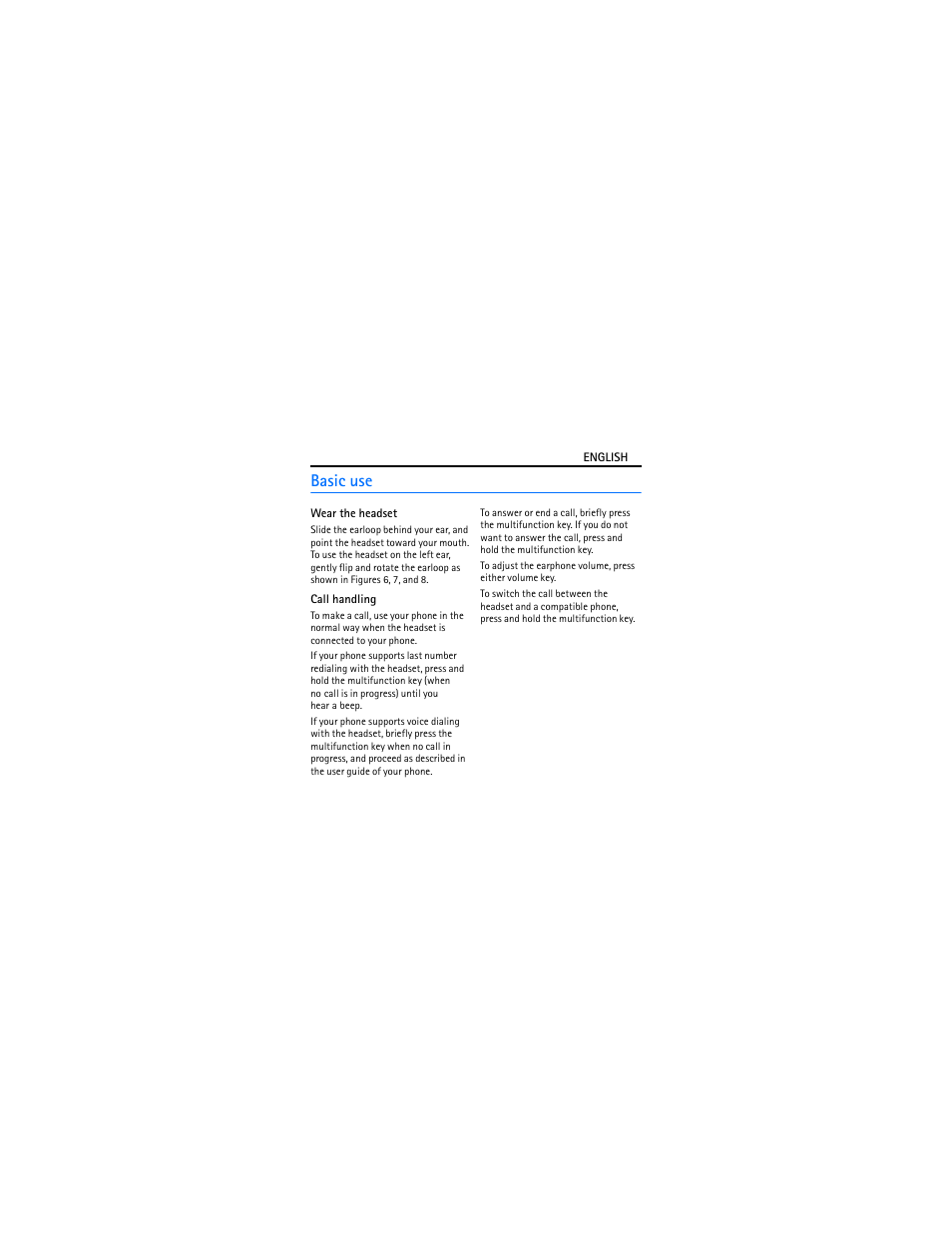 Basic use, Wear the headset, Call handling | Nokia BH-302 User Manual | Page 7 / 42
