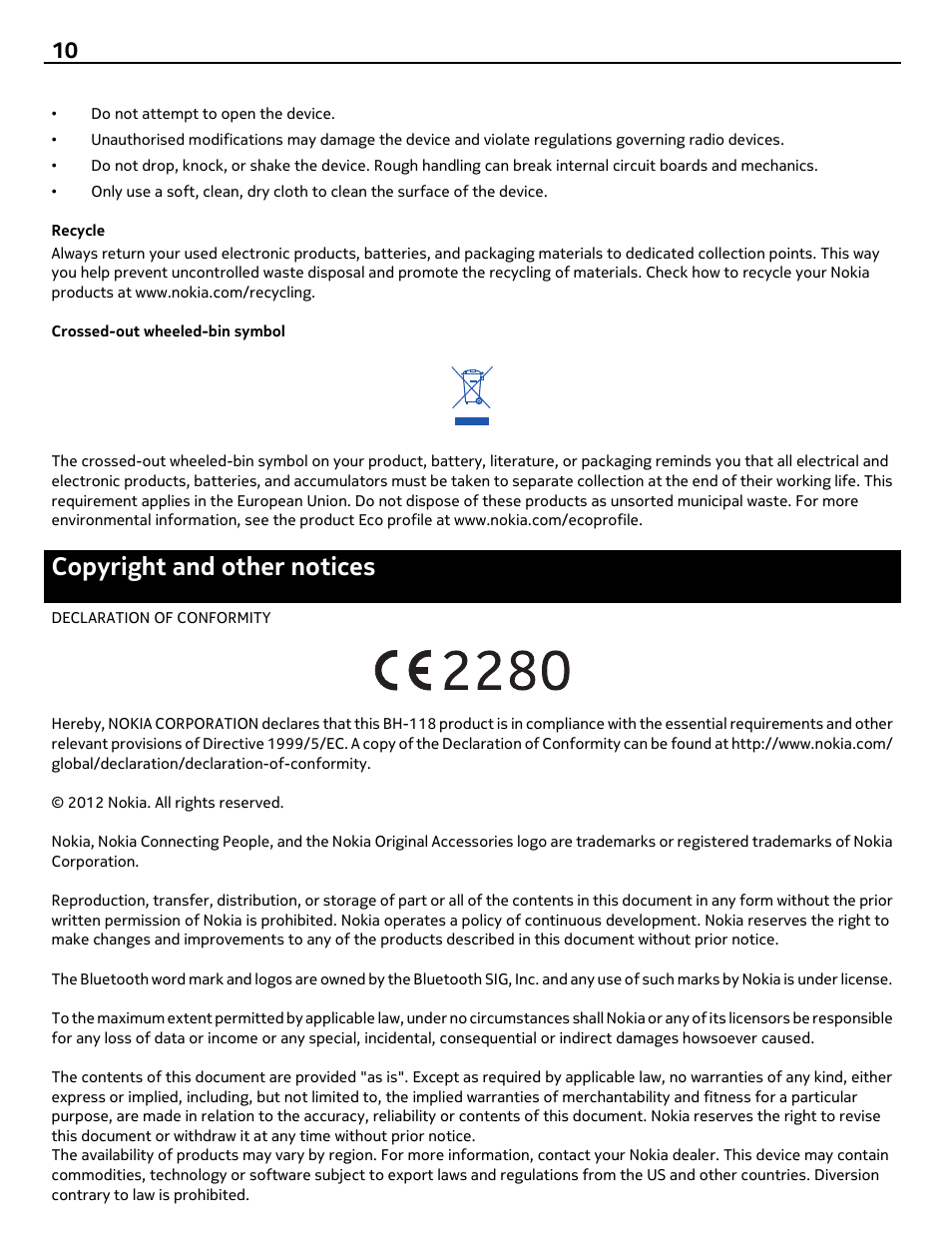 Recycle, Crossed-out wheeled-bin symbol, Copyright and other notices | Nokia BH-118 User Manual | Page 10 / 11