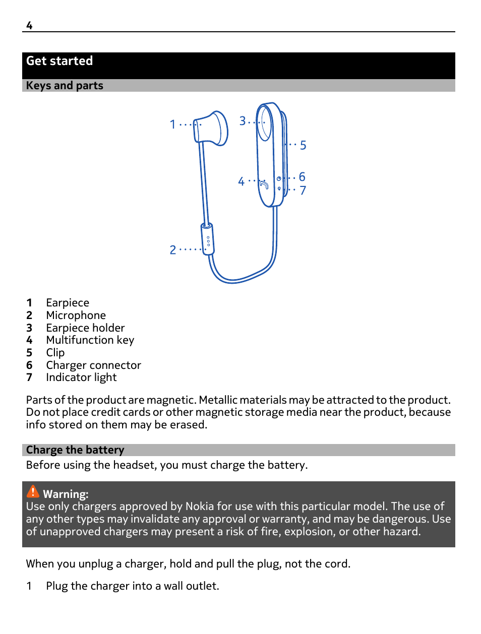 Get started, Keys and parts, Charge the battery | Nokia BH-118 User Manual | Page 4 / 11