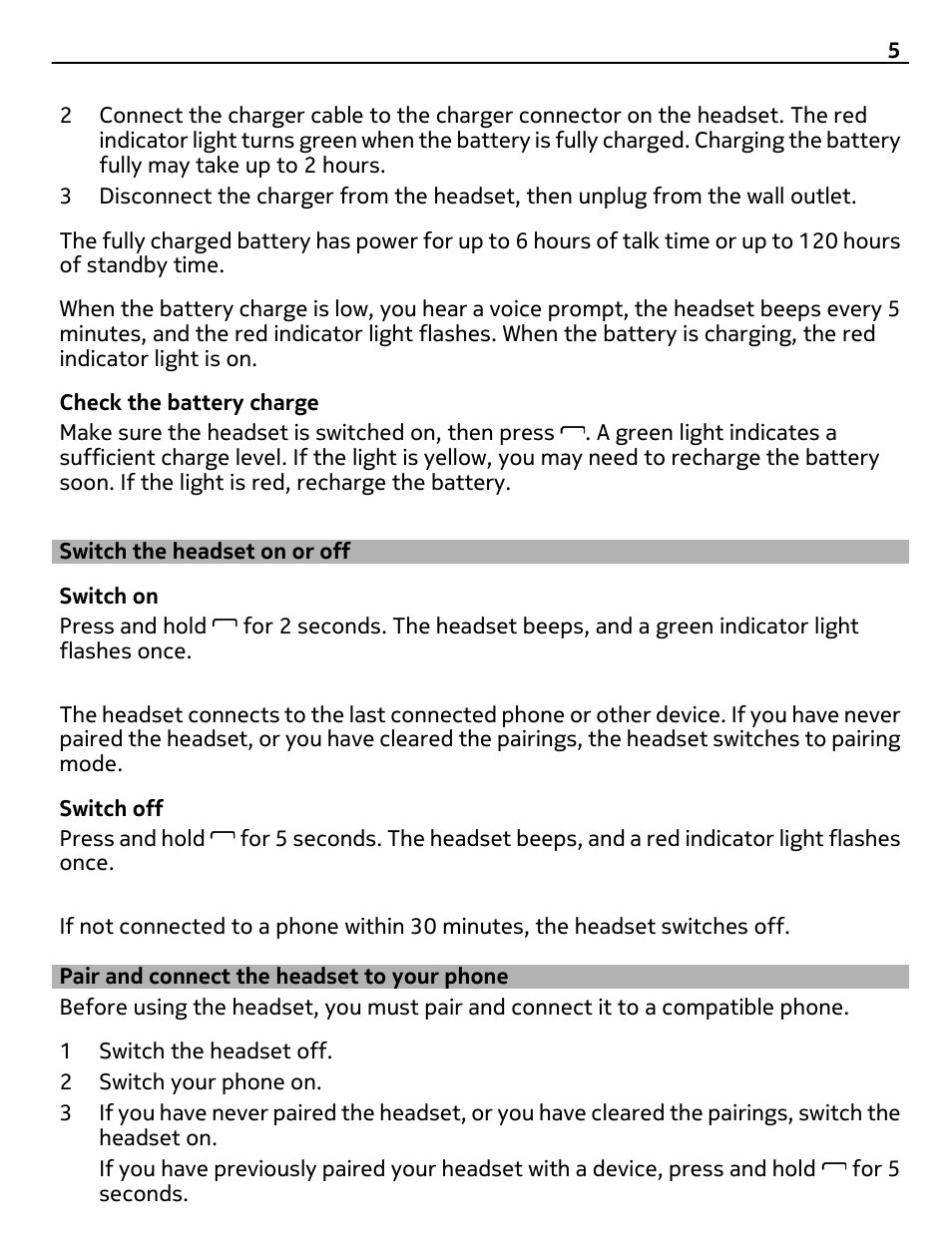 Switch the headset on or off, Pair and connect the headset to your phone, Pair and connect the headset to your | Phone | Nokia BH-118 User Manual | Page 5 / 11