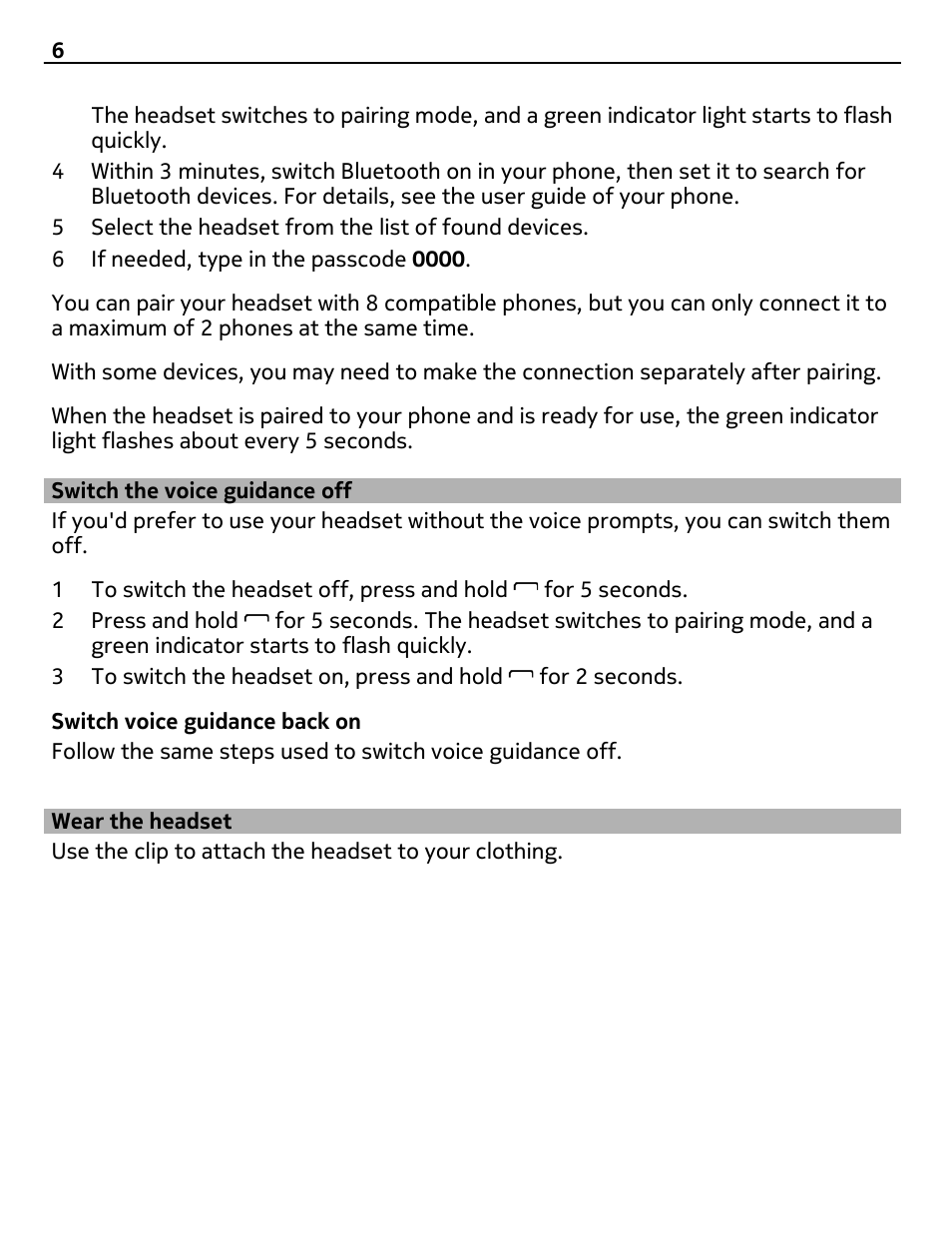 Switch the voice guidance off, Wear the headset | Nokia BH-118 User Manual | Page 6 / 11