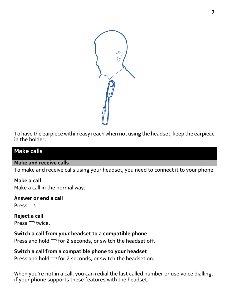 Make calls, Make and receive calls | Nokia BH-118 User Manual | Page 7 / 11