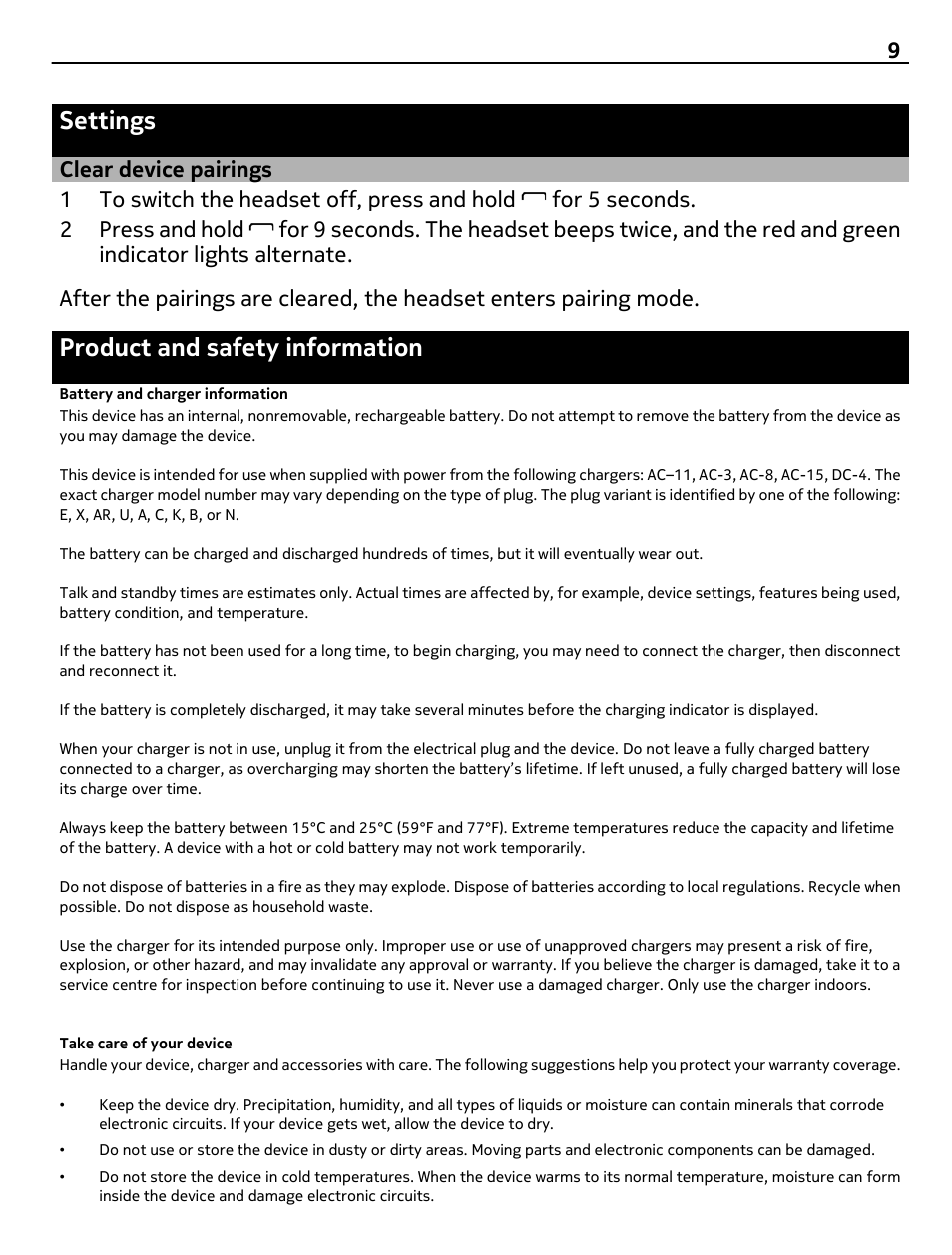 Settings, Clear device pairings, Product and safety information | Battery and charger information, Take care of your device | Nokia BH-118 User Manual | Page 9 / 11