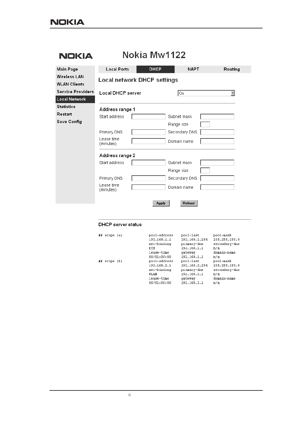Figure 13 local network dhcp page | Nokia T66520 User Manual | Page 20 / 37