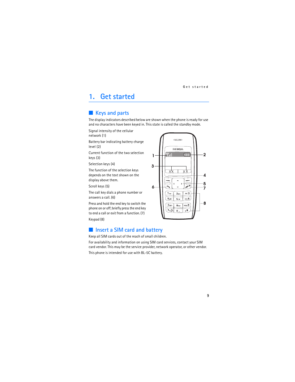 Get started, Keys and parts, Insert a sim card and battery | Keys and parts insert a sim card and battery | Nokia 1600 User Manual | Page 10 / 89