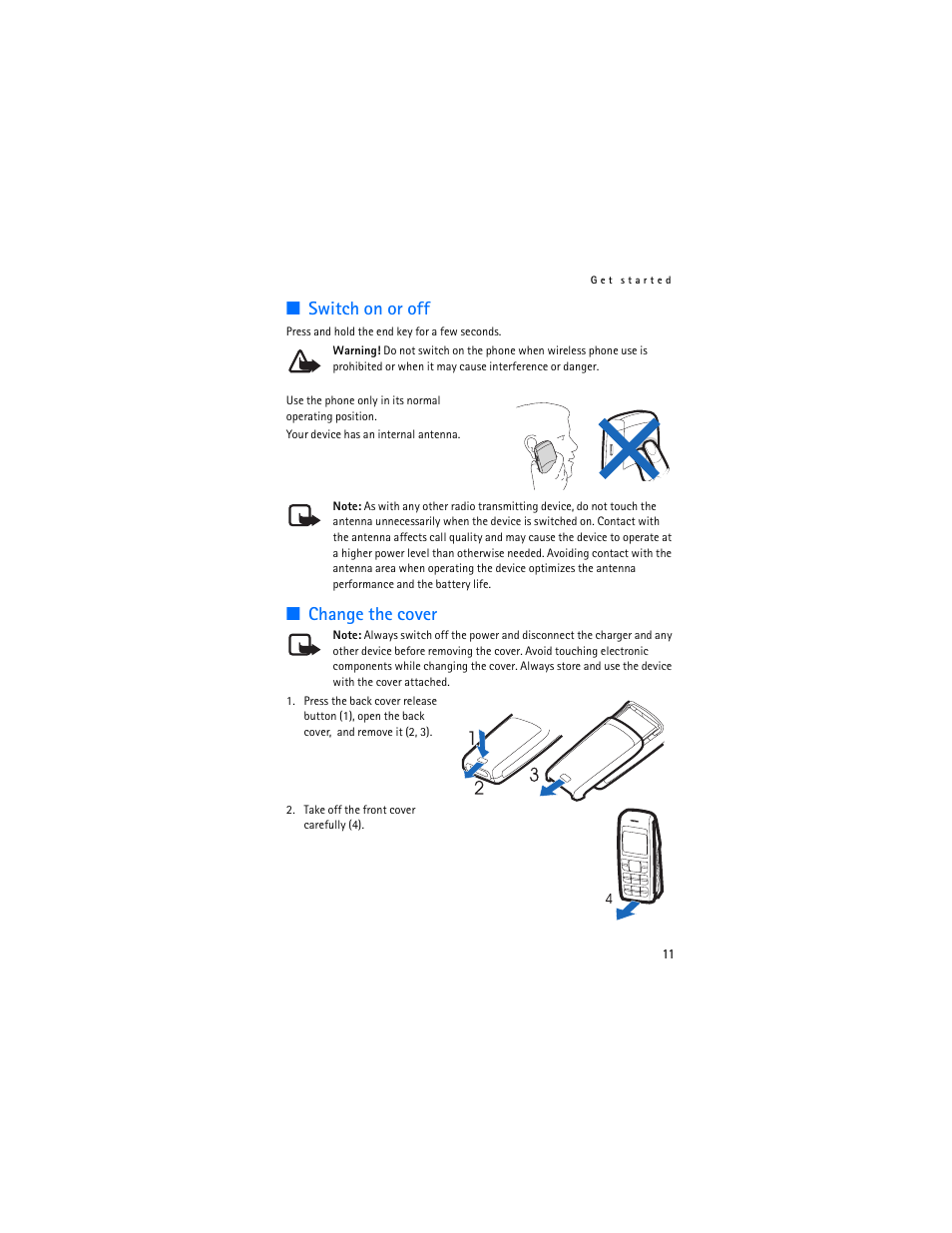 Switch on or off, Change the cover, Switch on or off change the cover | Nokia 1600 User Manual | Page 12 / 89