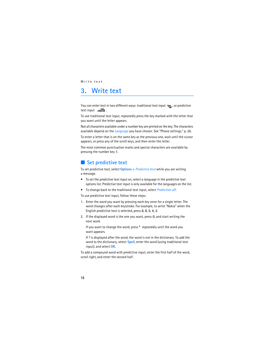 Write text, Set predictive text | Nokia 1600 User Manual | Page 17 / 89