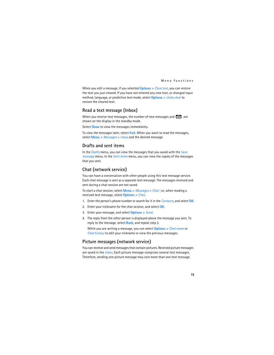 Read a text message (inbox), Drafts and sent items, Chat (network service) | Picture messages (network service) | Nokia 1600 User Manual | Page 20 / 89