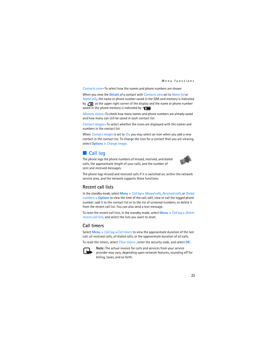 Call log, Recent call lists, Call timers | Nokia 1600 User Manual | Page 24 / 89