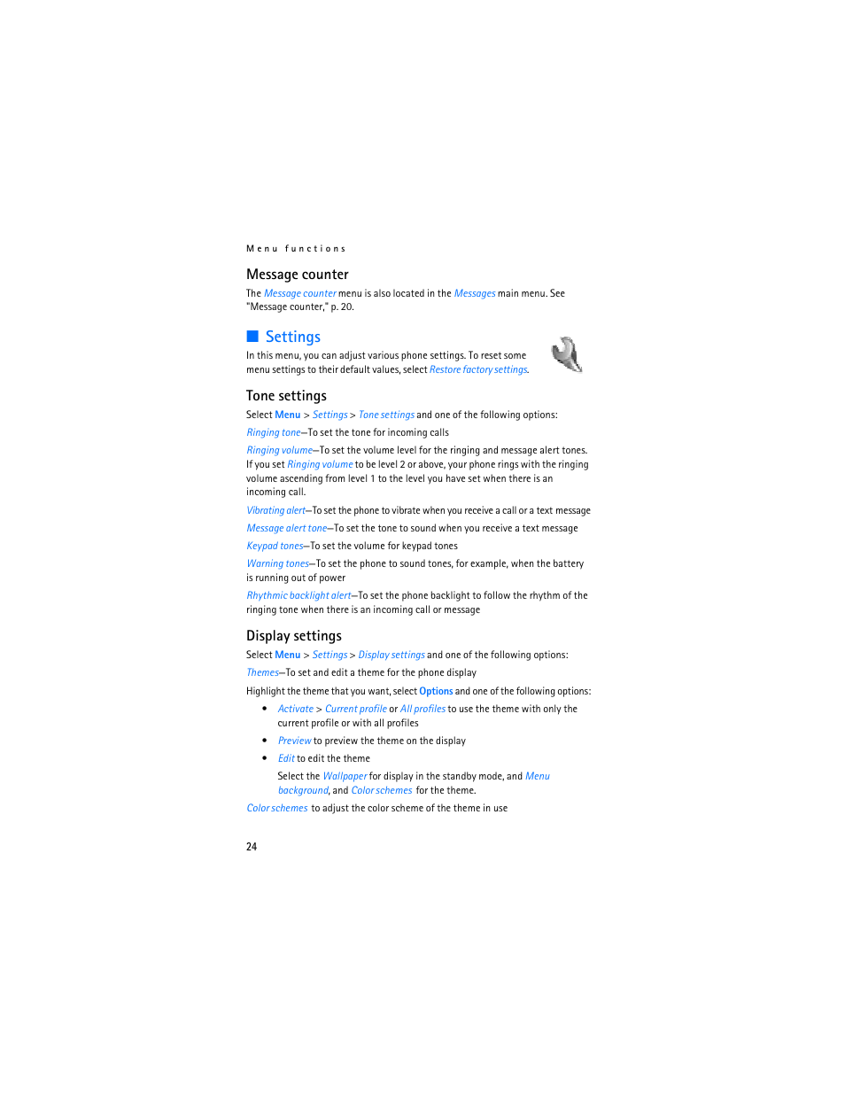 Settings, Message counter, Tone settings | Display settings | Nokia 1600 User Manual | Page 25 / 89