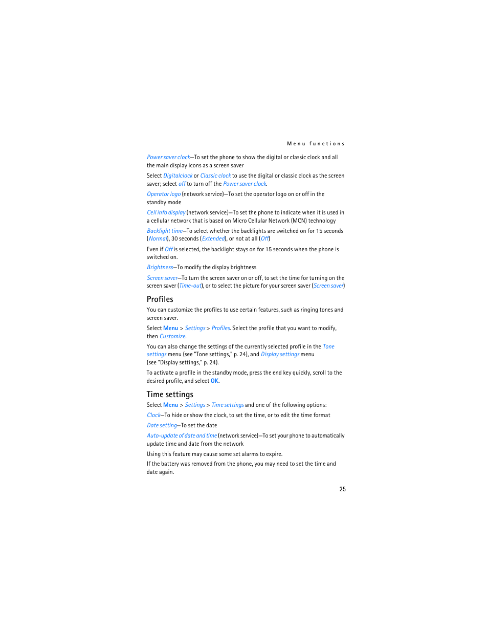 Profiles, Time settings | Nokia 1600 User Manual | Page 26 / 89