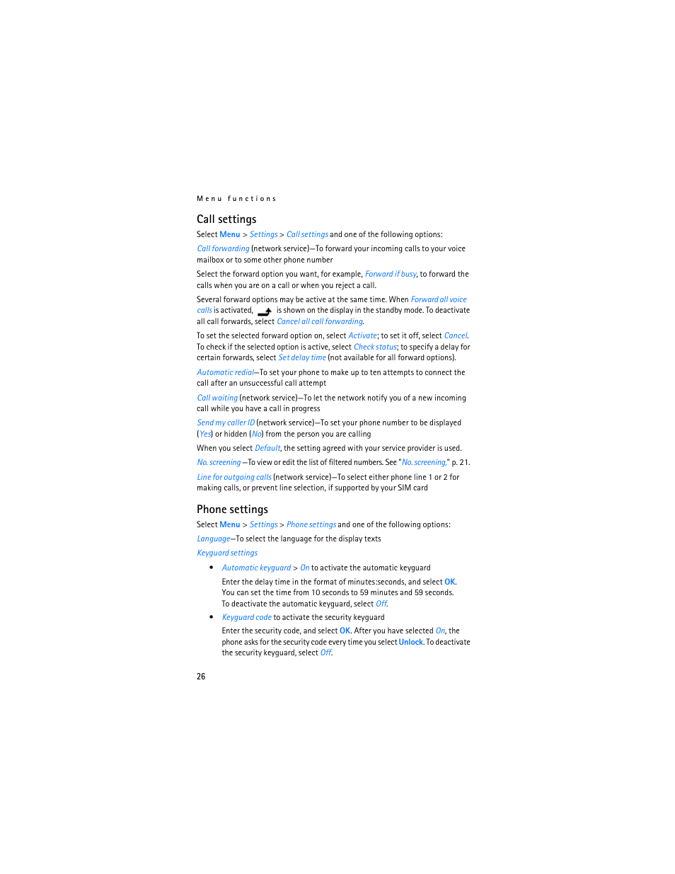 Call settings, Phone settings | Nokia 1600 User Manual | Page 27 / 89