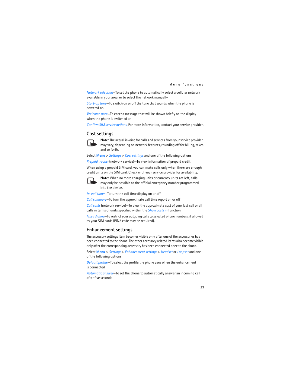 Cost settings, Enhancement settings | Nokia 1600 User Manual | Page 28 / 89