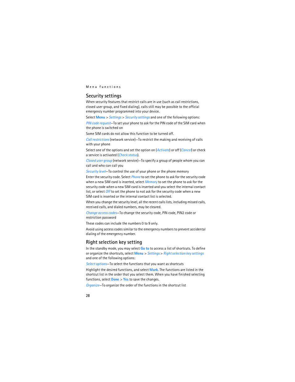 Security settings, Right selection key setting | Nokia 1600 User Manual | Page 29 / 89