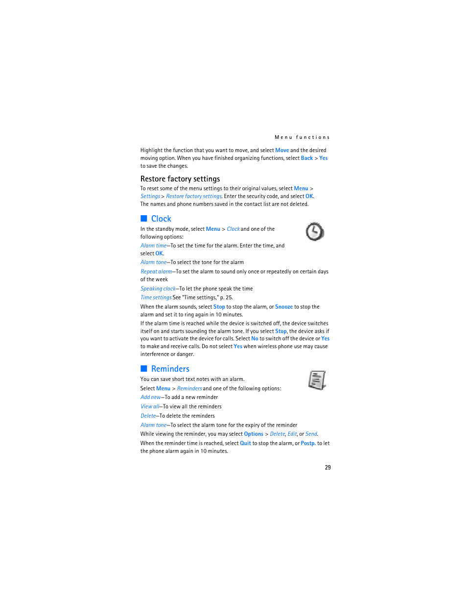 Clock, Reminders, Clock reminders | Restore factory settings | Nokia 1600 User Manual | Page 30 / 89