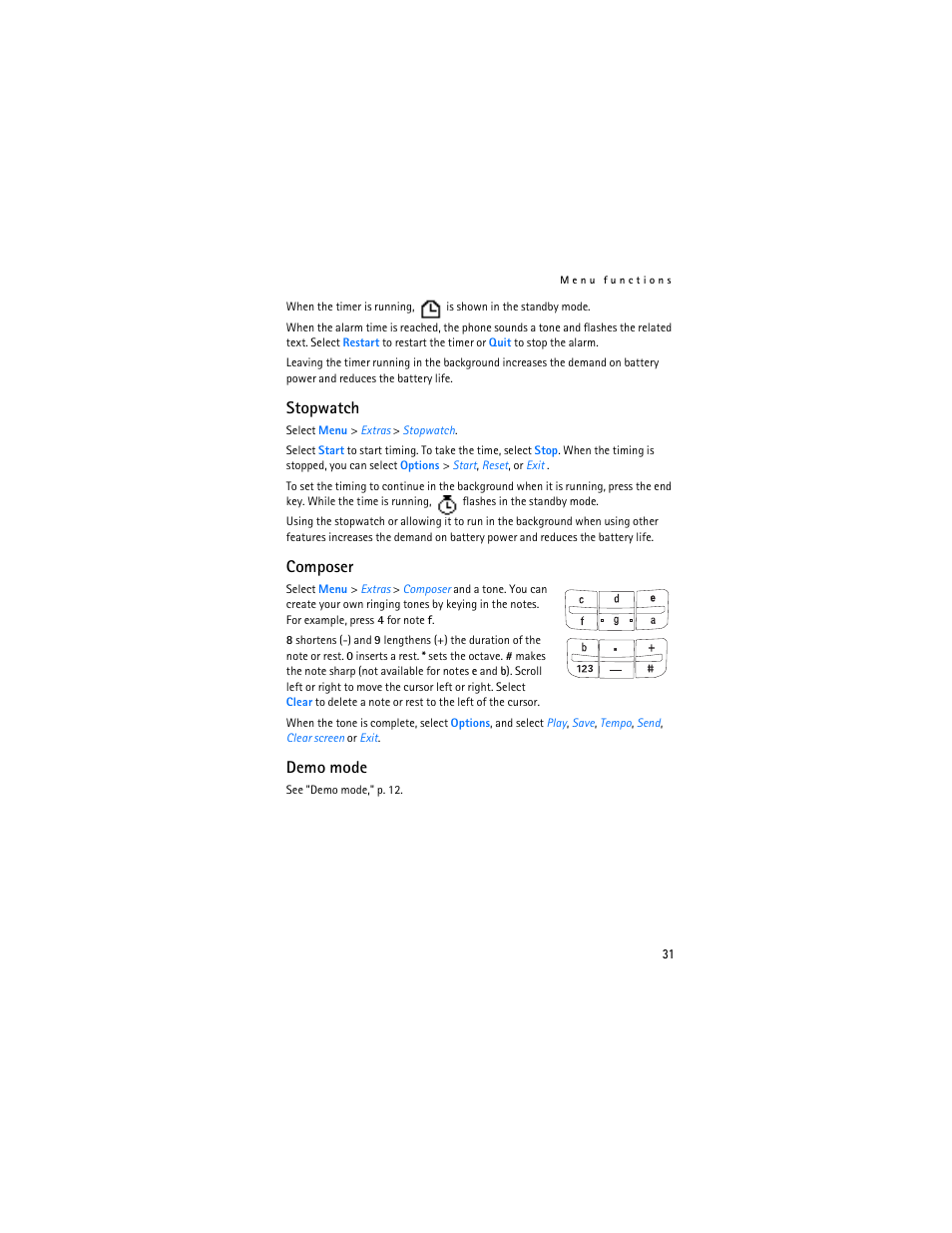 Stopwatch, Composer, Demo mode | Nokia 1600 User Manual | Page 32 / 89