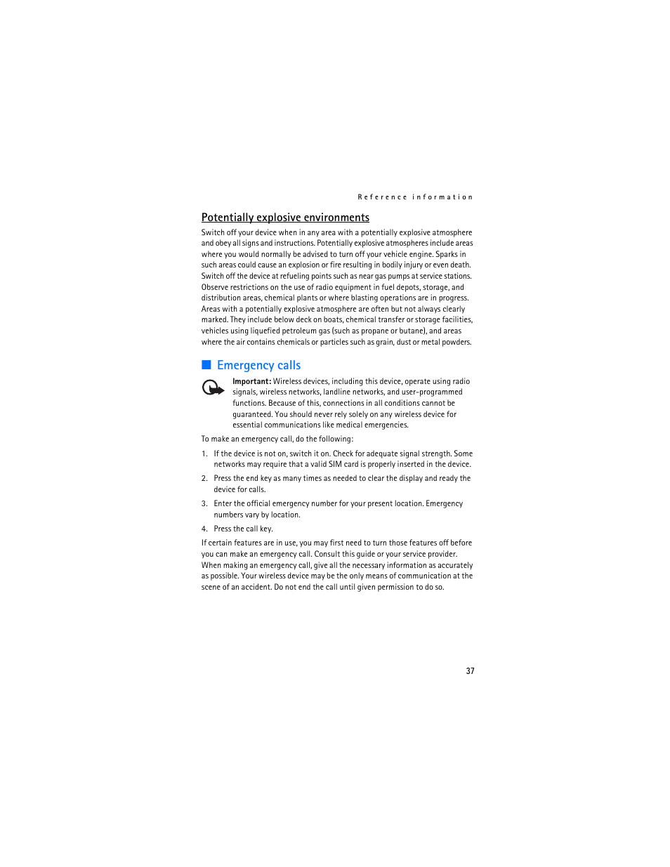 Emergency calls, Potentially explosive environments | Nokia 1600 User Manual | Page 38 / 89