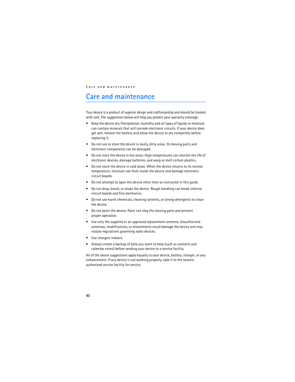 Care and maintenance | Nokia 1600 User Manual | Page 41 / 89