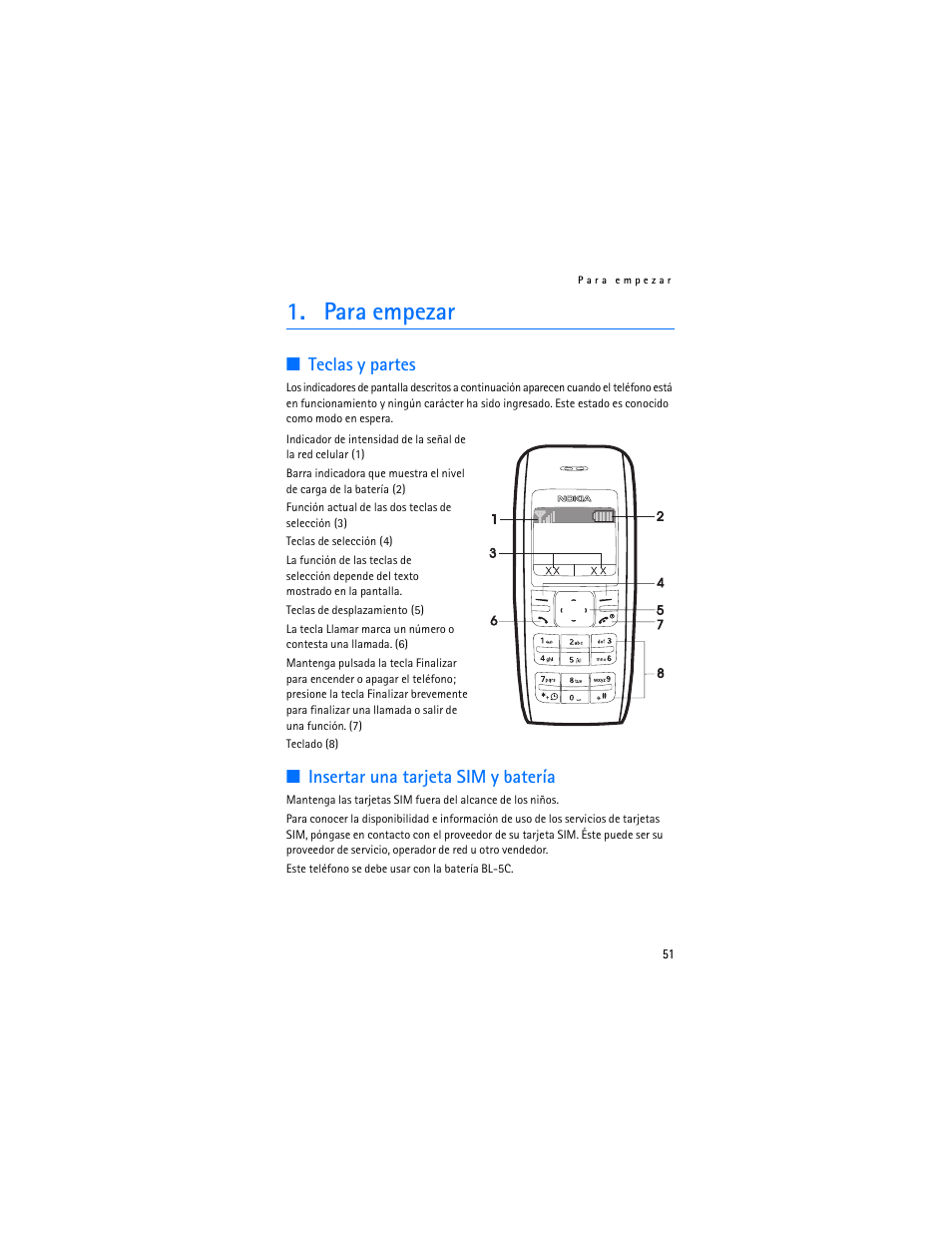 Para empezar, Teclas y partes, Insertar una tarjeta sim y batería | Teclas y partes insertar una tarjeta sim y batería | Nokia 1600 User Manual | Page 52 / 89