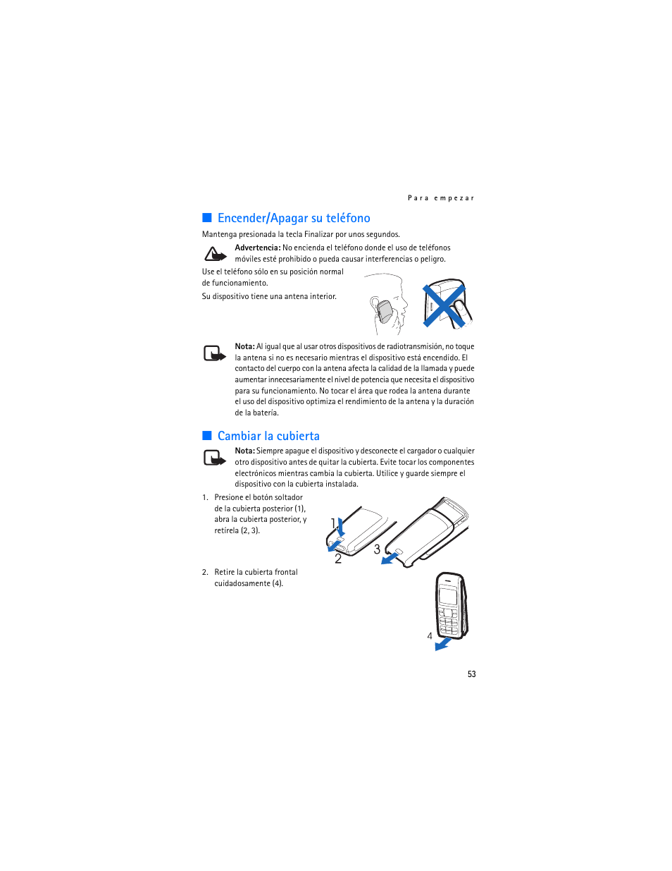 Encender/apagar su teléfono, Cambiar la cubierta, Encender/apagar su teléfono cambiar la cubierta | Nokia 1600 User Manual | Page 54 / 89