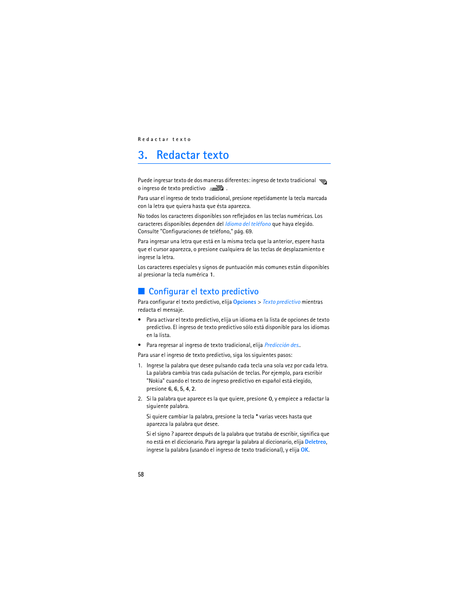 Redactar texto, Configurar el texto predictivo | Nokia 1600 User Manual | Page 59 / 89