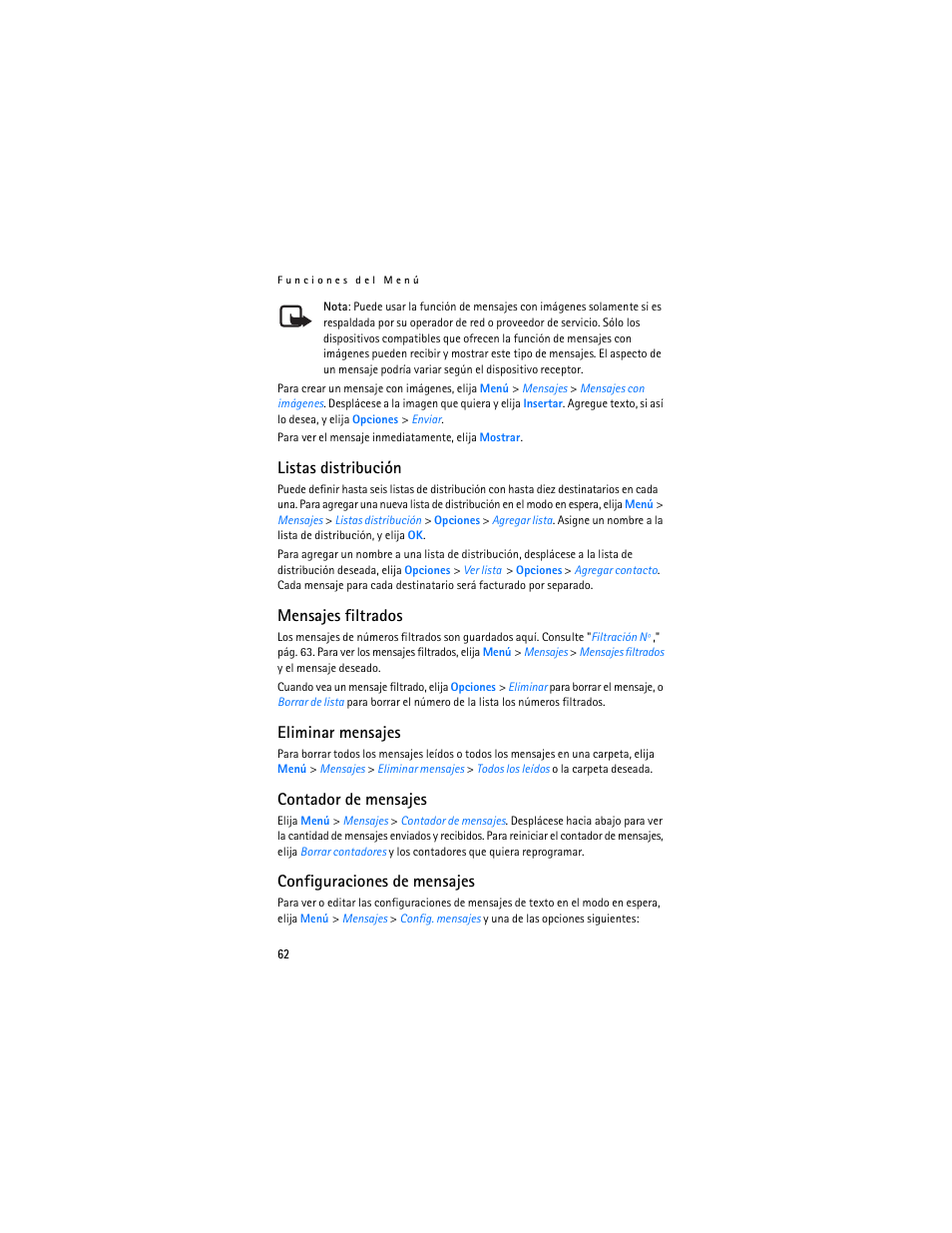 Listas distribución, Mensajes filtrados, Eliminar mensajes | Contador de mensajes, Configuraciones de mensajes | Nokia 1600 User Manual | Page 63 / 89