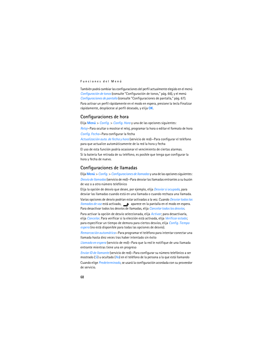 Configuraciones de hora, Configuraciones de llamadas | Nokia 1600 User Manual | Page 69 / 89