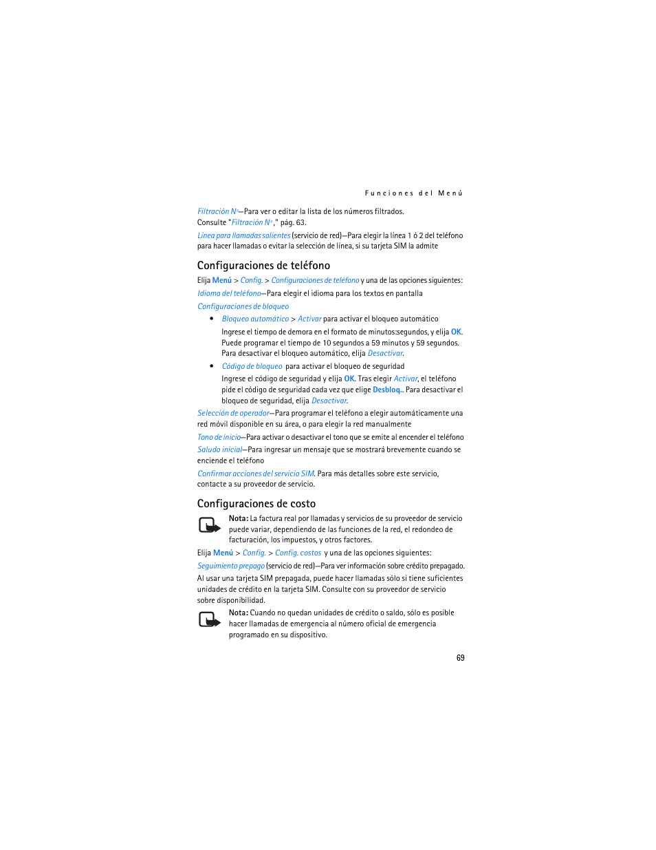 Configuraciones de teléfono, Configuraciones de costo | Nokia 1600 User Manual | Page 70 / 89