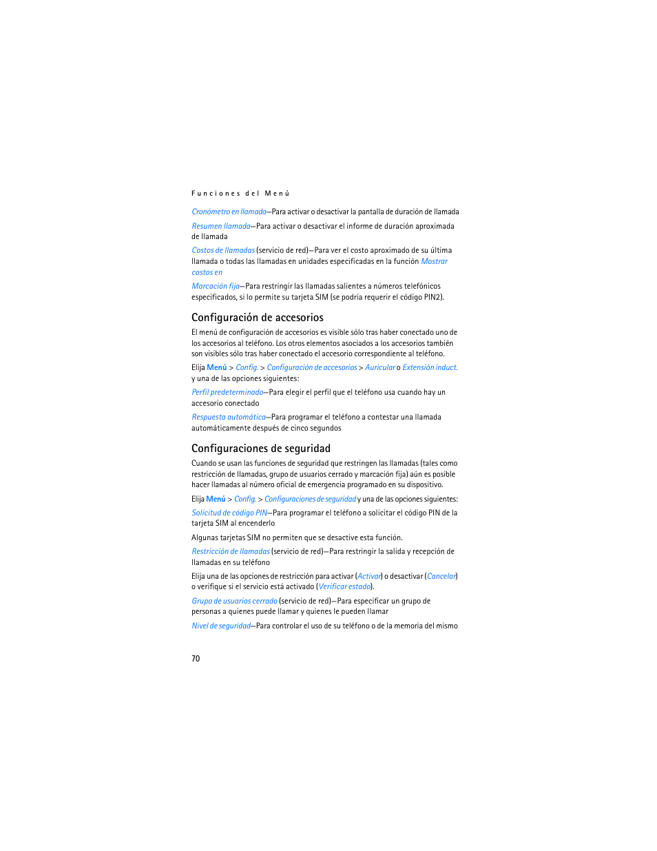 Configuración de accesorios, Configuraciones de seguridad | Nokia 1600 User Manual | Page 71 / 89