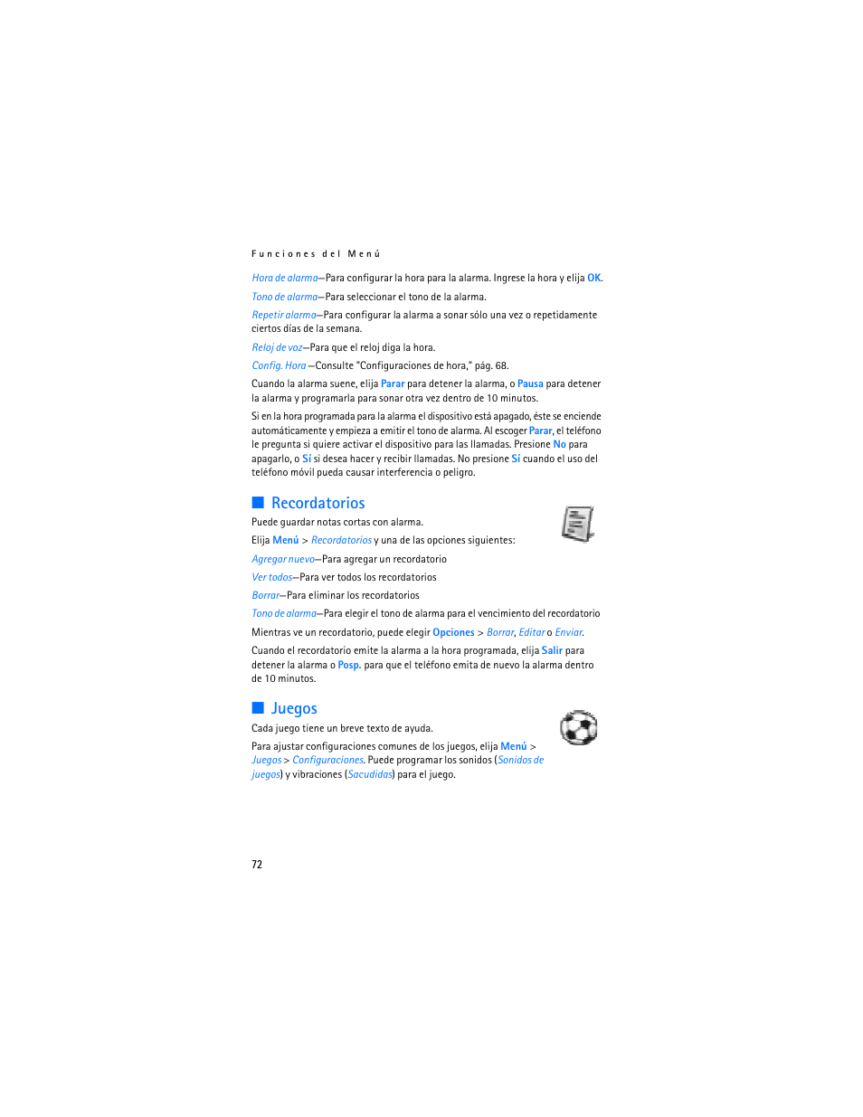 Recordatorios, Juegos, Recordatorios juegos | Nokia 1600 User Manual | Page 73 / 89