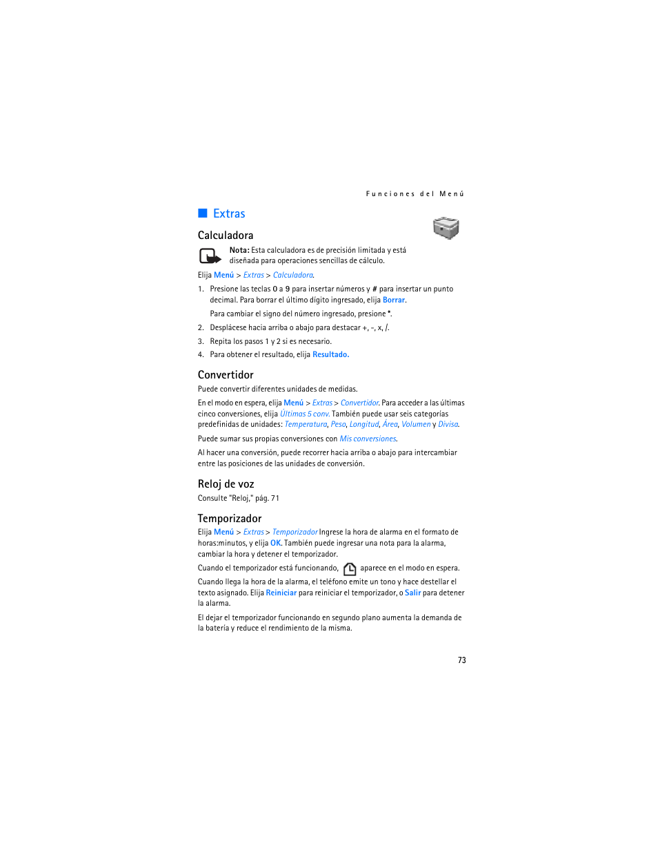 Extras, Calculadora, Convertidor | Reloj de voz, Temporizador | Nokia 1600 User Manual | Page 74 / 89