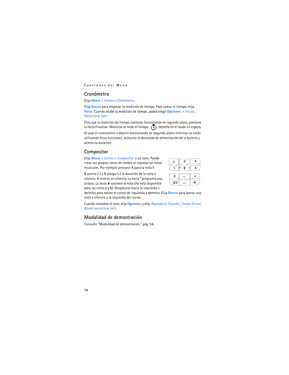 Cronómetro, Compositor, Modalidad de demostración | Nokia 1600 User Manual | Page 75 / 89