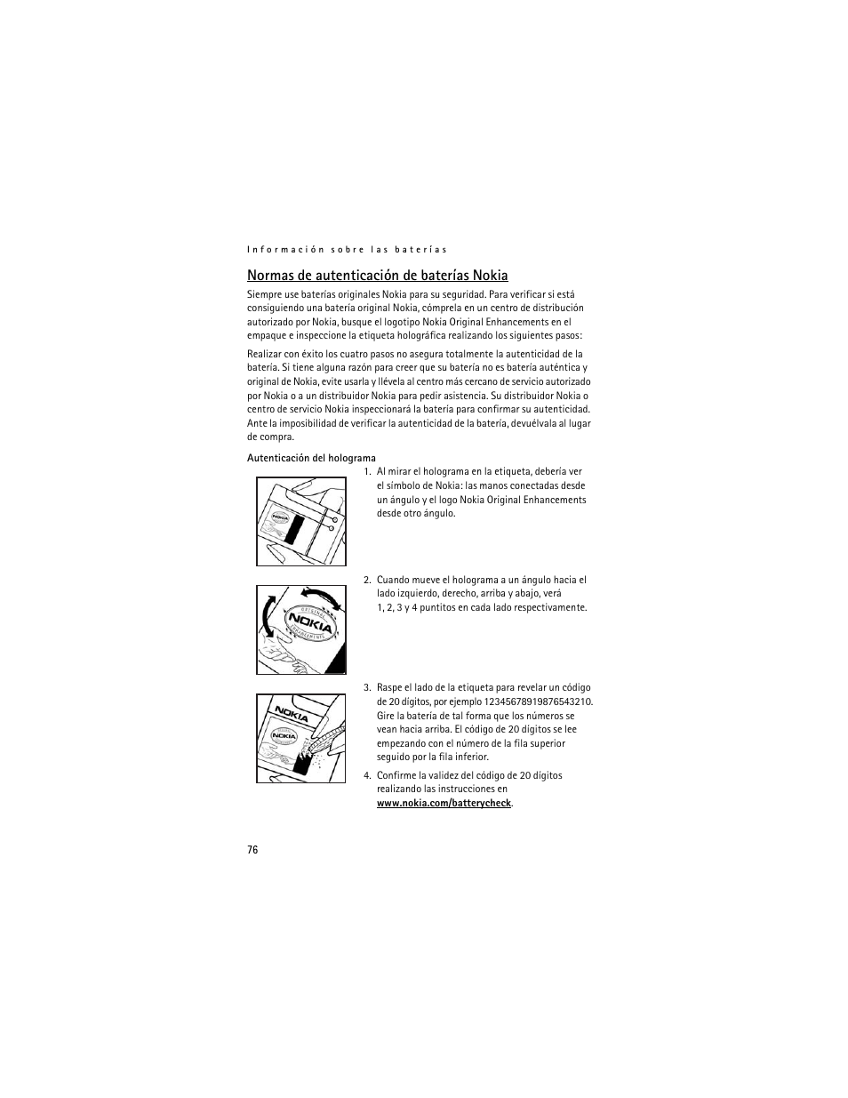 Normas de autenticación de baterías nokia | Nokia 1600 User Manual | Page 77 / 89