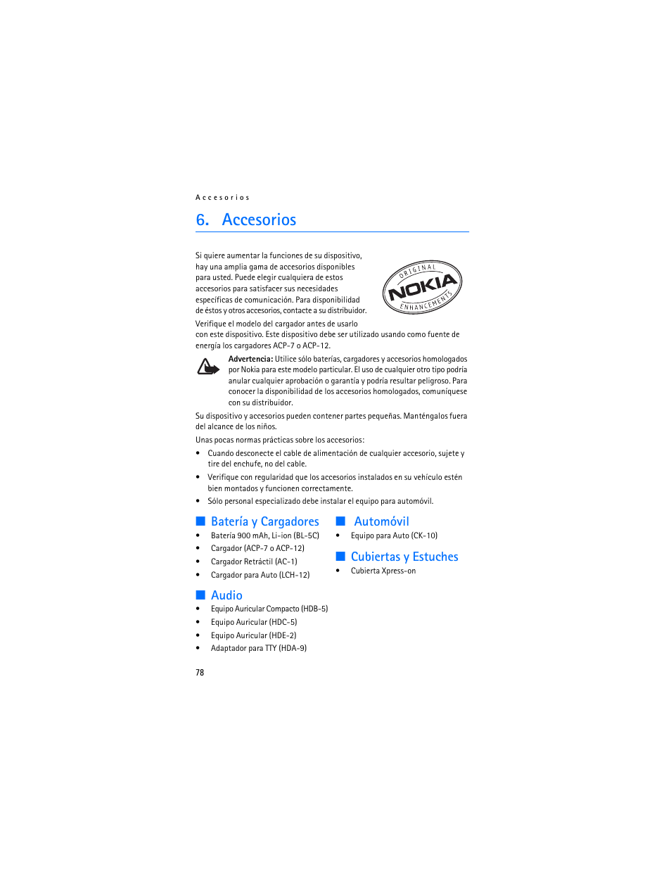 Accesorios, Batería y cargadores, Audio | Automóvil, Cubiertas y estuches | Nokia 1600 User Manual | Page 79 / 89