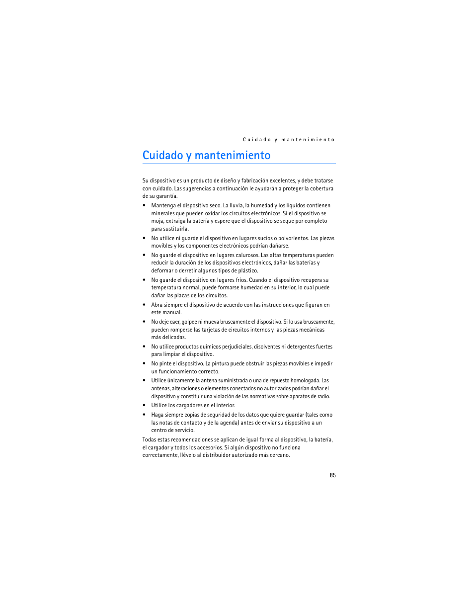 Cuidado y mantenimiento | Nokia 1600 User Manual | Page 86 / 89
