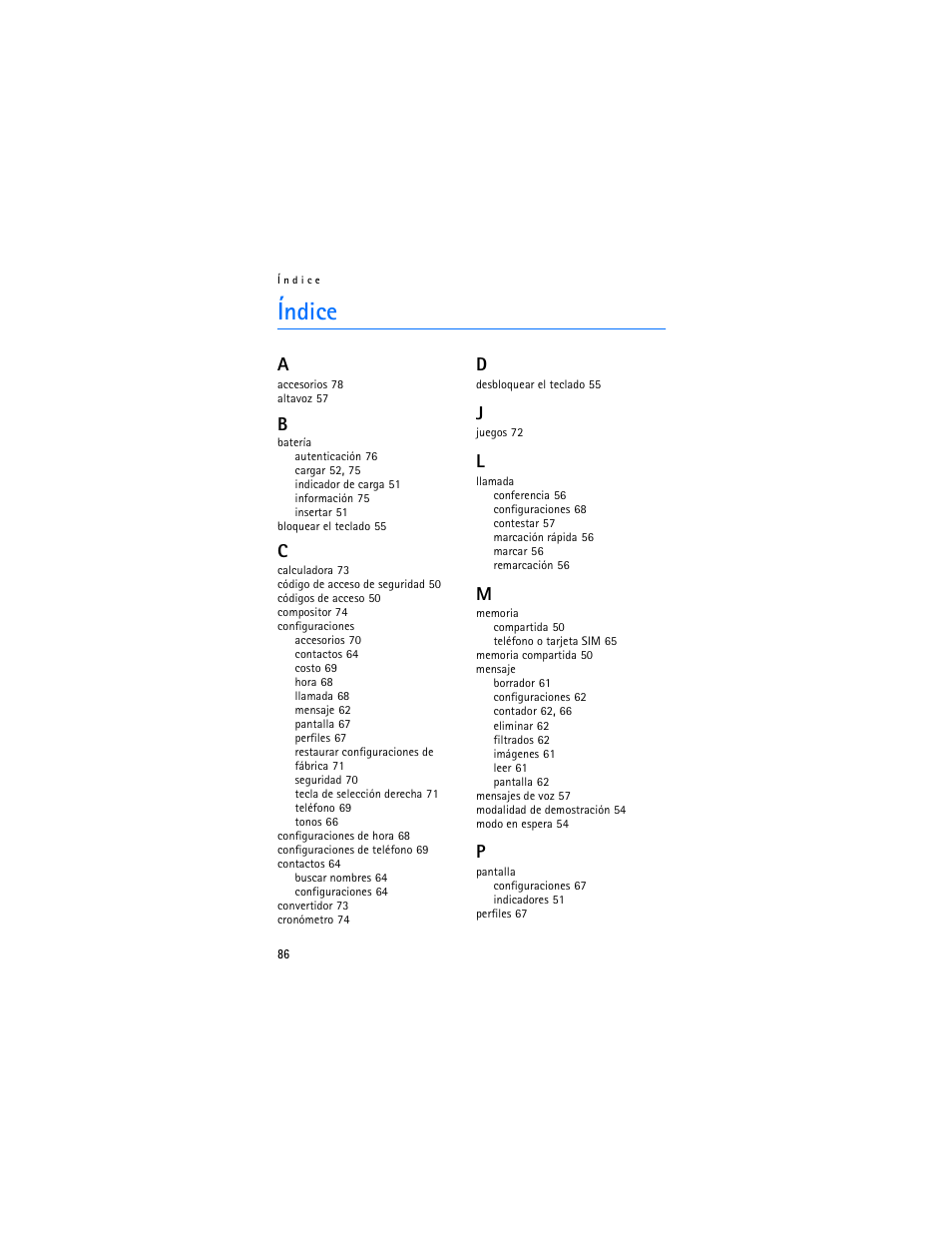 Índice | Nokia 1600 User Manual | Page 87 / 89