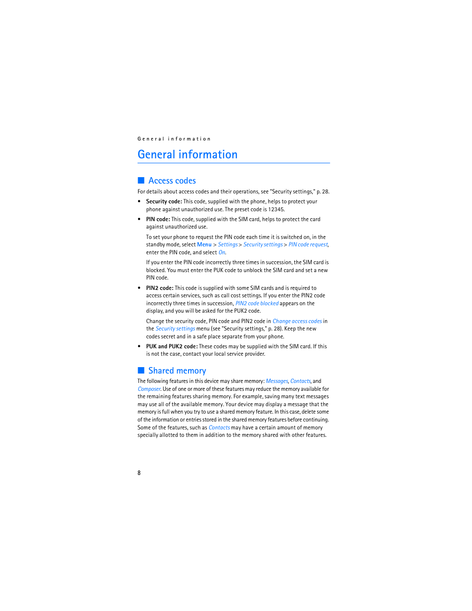 General information, Access codes, Shared memory | Access codes shared memory | Nokia 1600 User Manual | Page 9 / 89