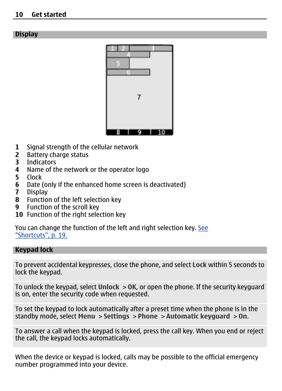 Display, Keypad lock | Nokia 7230 User Manual | Page 10 / 38