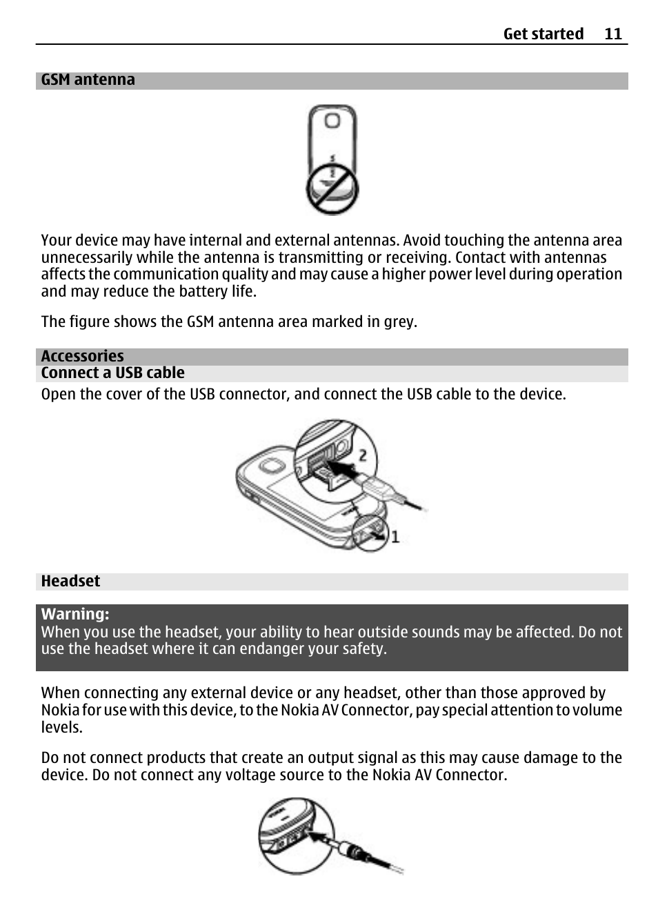 Gsm antenna, Accessories, Connect a usb cable | Headset | Nokia 7230 User Manual | Page 11 / 38