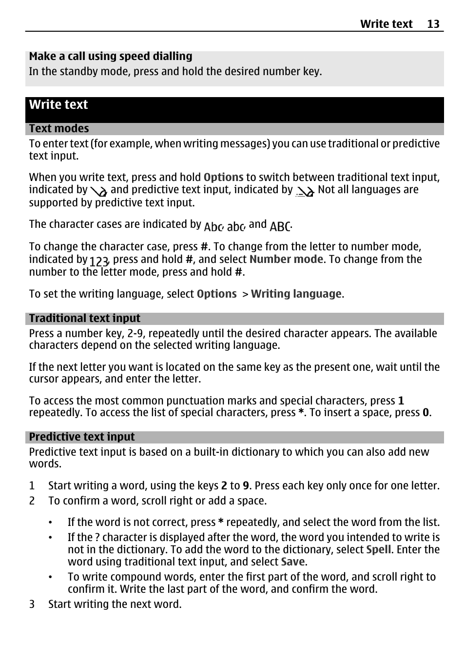 Write text, Text modes, Traditional text input | Predictive text input | Nokia 7230 User Manual | Page 13 / 38